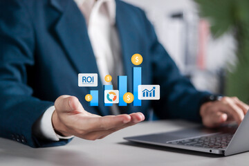 Return on investment (ROI) concept. Finance stretching rising up, business growth to success....
