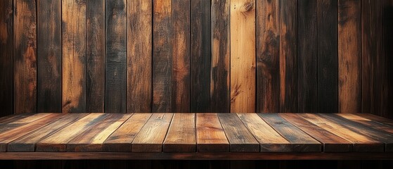 Rustic wooden planks backdrop with a tabletop surface showcasing warm brown tones and natural wood grain texture for product display