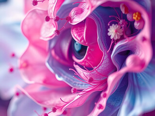 Close-up Vibrant Floral Art with Pink and Purple Petals, Delicate Buds, Nature's Beauty