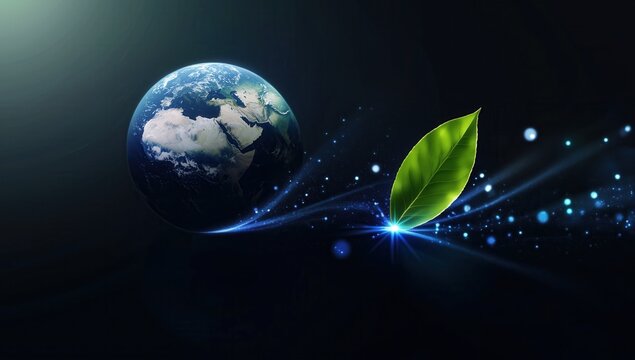 Earth Hour - Blue Glow with Green Foliage and Planet on Ebony Backdrop