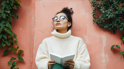 A woman with glasses and curly hair in a white sweater is sitting against a pink wall holding a notebook outdoors.