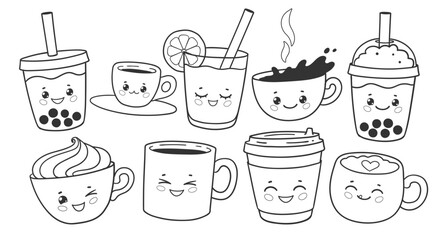 Vector illustration of various cute kawaii drink cups, black and white line art