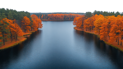 Autumn Lakeside Serenity: A breathtaking view of a tranquil lake framed by vibrant orange autumnal trees under a soft sky, perfectly capturing the essence of fall.