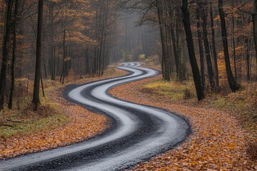 Obraz premium Winding Road Through Autumnal Forest Landscape with Foggy Background and Fallen Leaves Creating Serene Nature Scene