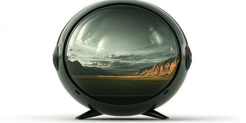 Futuristic spherical device showcasing a panoramic view of a serene landscape at dusk