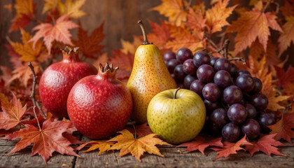 Essence of autumn with a vibrant arrangement of seasonal fruits, nestled amongst colorful maple leaves on a rustic wooden surface
