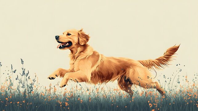 Golden Retriever running through wildflowers