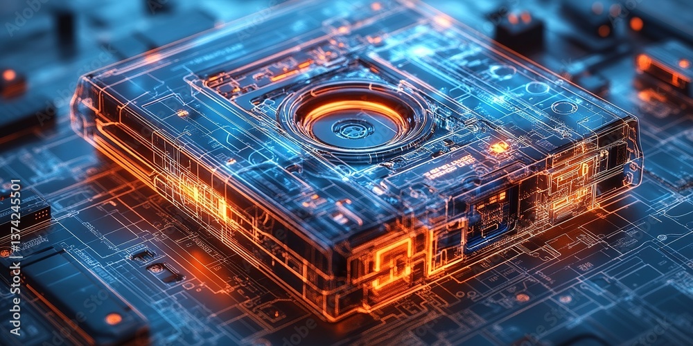 Poster exploring the intricate design of a futuristic computer component in a high-tech environment
