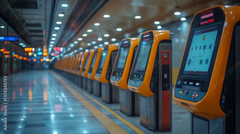 Leinwandbilder Advanced kiosks for ticketing and information lineup in a well lit transportation hub, emphasizing surveillance and security in urban mobility applications during evening hours.