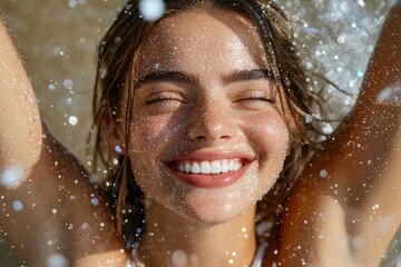 Obraz premium Radiant Woman Joyfully Embraces Water A Captivating Portrait of Natural Beauty, showcasing a young woman with a beaming smile, glistening skin, and her hands raised amidst a cascade of refreshing