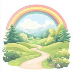 Obraz premium Serene rainbow pathway lush green landscape digital art tranquil nature panoramic view whimsical concept