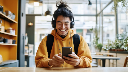 Asian man wearing headphones and a hoodie using a smartphone in a modern cafe setting.