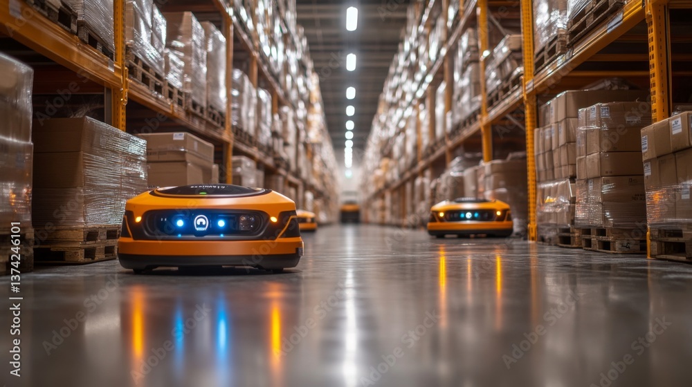 Fototapete Robots move efficiently along polished floors in a large warehouse, organizing and sorting items from tall shelves stacked with various boxes during warehouse operations.