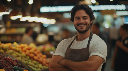 A vendor wearing a plain shirt and apron beams with happiness while standing in front of a colorful array of fresh fruits at a lively market, radiating warmth and enthusiasm in the afternoon