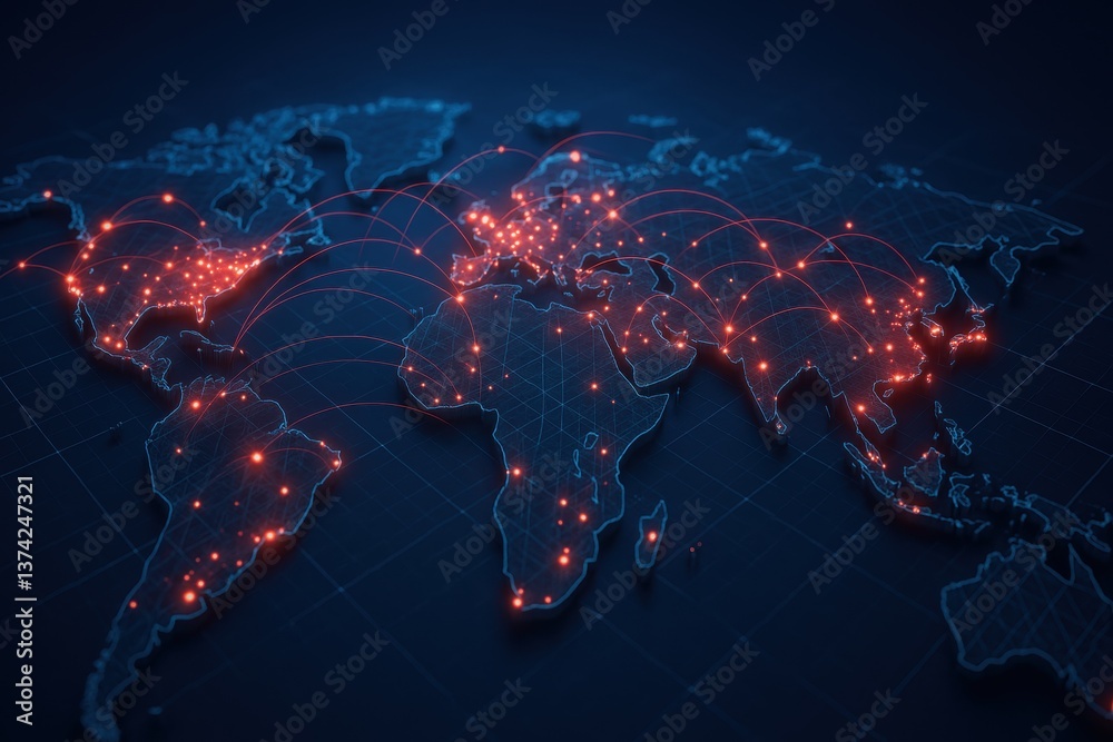 Poster global network: a digital rendering of the globe, adorned with a network of illuminated dots and lin