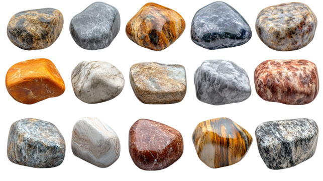 Geological Showcase: An arrangement of polished stones of varying colors, textures, and shapes are arranged in a grid, a visual exploration of natural formations.