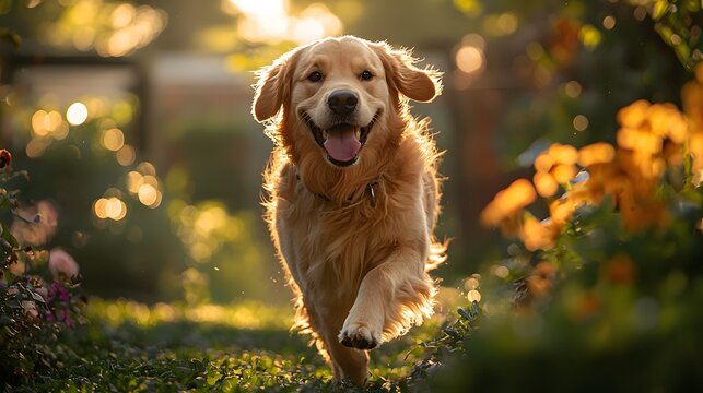 Golden Retriever running towards camera in garden sunset