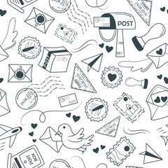Postal parcels and letters seamless pattern doodle sketch style. Hand drawn background with elements - envelope, mailbox, letter, parcel, carrier pigeon, airplane, stamp. Print mail, vector graphics