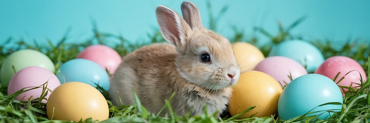Adorable Baby Bunny Sitting Among Pastel-Colored Easter Eggs on a Vibrant Turquoise Background Perfect for Easter-Themed Designs Spring Celebrations Holiday Marketing and Cute Animal Stock Photography