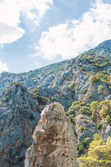 Majestic rocky cliff against a cloudy sky, showcasing rugged beauty