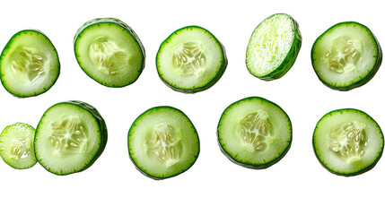 Cucumber Slices: A collection of vibrant cucumber slices, showcasing the fresh green interior and natural textures, ideal for culinary and health-related concepts.