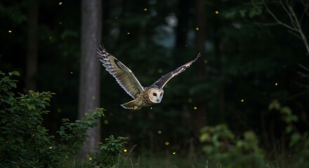 Obraz premium Owl Flying at Night with Fireflies Illuminating a Dark Forest