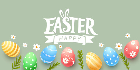 Easter holiday, hare with a basket of Easter eggs, Easter bunny and eggs. Vector illustration