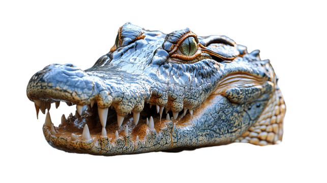Close-Up Alligator: a high-resolution capture of an alligator's formidable head, showcasing the sharp teeth and detailed scales in a close-up view.
