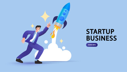 A businessman points to a rocket taking off, symbolizing a new startup business with innovation and success. Ideal for topics about business growth and opportunities.