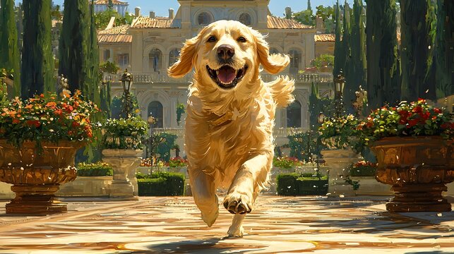 Golden Retriever running towards grand estate