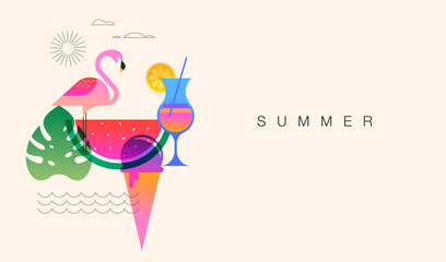 Colorful summer background with tropical monstera leaf, flamingo, ice cream, cocktail and watermelon. Bright modern illustration with color gradient.
