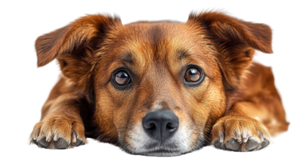 Loyal Gaze: A close-up portrait of a cute brown dog, its expressive eyes conveying warmth and affection, lies down and looks at viewer
