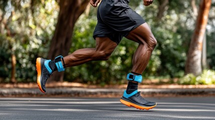 Athletic male runner in motion on a sunny day, showcasing muscular legs and energetic stride with vibrant sneakers and ankle weights in an outdoor setting