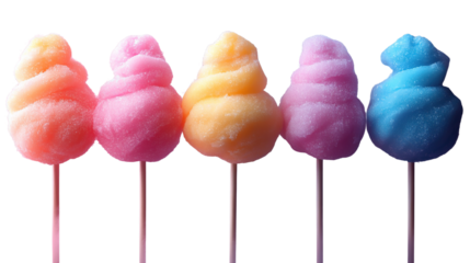 Sweet Rainbow: A vibrant collection of colorful cotton candy swirls, presented on individual sticks in a whimsical display of sugary goodness.