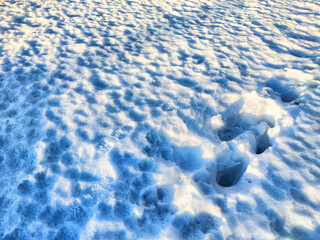 Snow-covered landscape with textured ice and tracks in a colder region during daytime