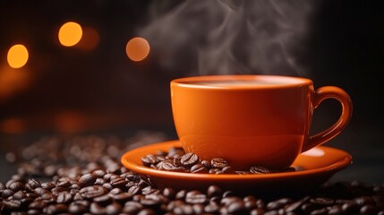 Obraz premium Hot Coffee Cup with Steam and Roasted Beans on Dark Background