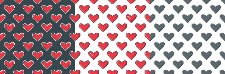 Seamless pattern pixel art hearts set. Red and black heart icon repeat background. Mosaic retro print, vector graphic