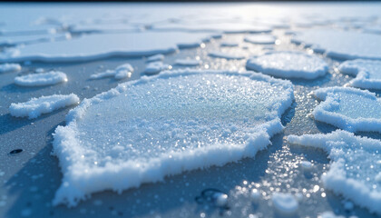 Ice fragments glistening on a frozen surface in blue tones, Northern landscapes, White nights  