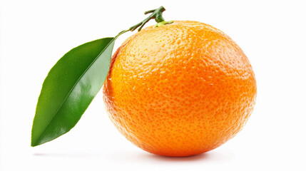 Juicy orange with green leaf resting on white background highlighting citrus freshness in natural light