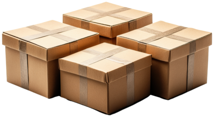 Boxes Ready for Delivery: Four brown cardboard boxes, each securely taped and ready to be shipped, symbolize the logistics and movement of goods in a busy distribution center or during relocation
