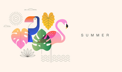 Colorful summer background with tropical leaves and birds - toucan and flamingo. Bright modern illustration with color gradient. © Marina Zlochin