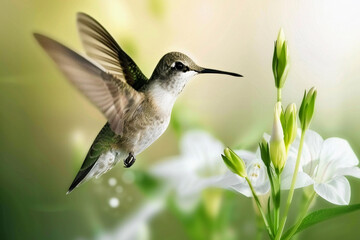 Fototapeta premium Hummingbird hovering gracefully near white flowers in a vibrant garden during springtime
