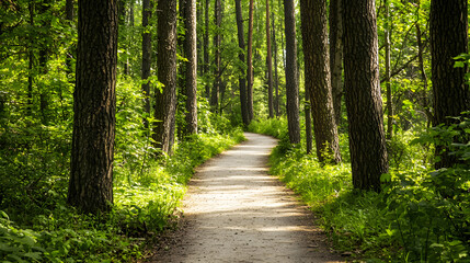Obraz premium A path through a forest with trees on both sides