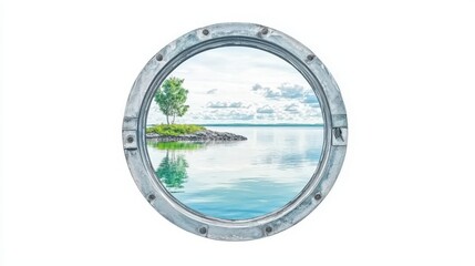 Scenic nature view through porthole tranquil lakeside digital artwork serene environment artistic perspective