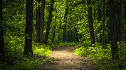 Fototapeta premium A path through a forest with trees on both sides