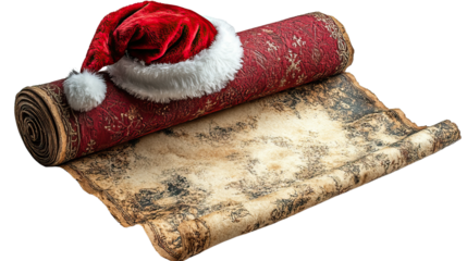 Santa's List: A festive scene featuring a rolled-up scroll with an intricate pattern, topped by a plush Santa hat. This image would be perfect for the holiday season.