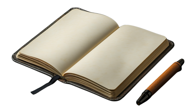 Open Journal and Pen: Capturing the timeless elegance of a classic open journal, its pages beckon, accompanied by a sleek pen ready to capture thoughts and ideas. This composition exudes inspiration.