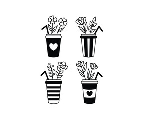 Minimalist Flower In Cups Illustration Black And White Color Vector Design