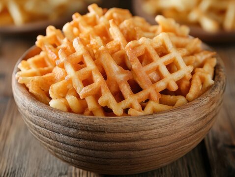 Golden waffle fries and regular fries in a wooden bowl on a rustic wooden table top close up shot