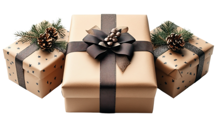 Gift Giving: Three elegantly wrapped gift boxes, tied with ribbon and adorned with natural elements, creating an image of thoughtfulness and generosity, perfect for any celebration.
